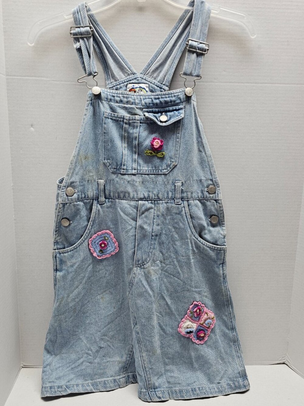 Y2K Girl No Kidding Knit Crochet Overall Denim Blue Jeans Jumper L14-16